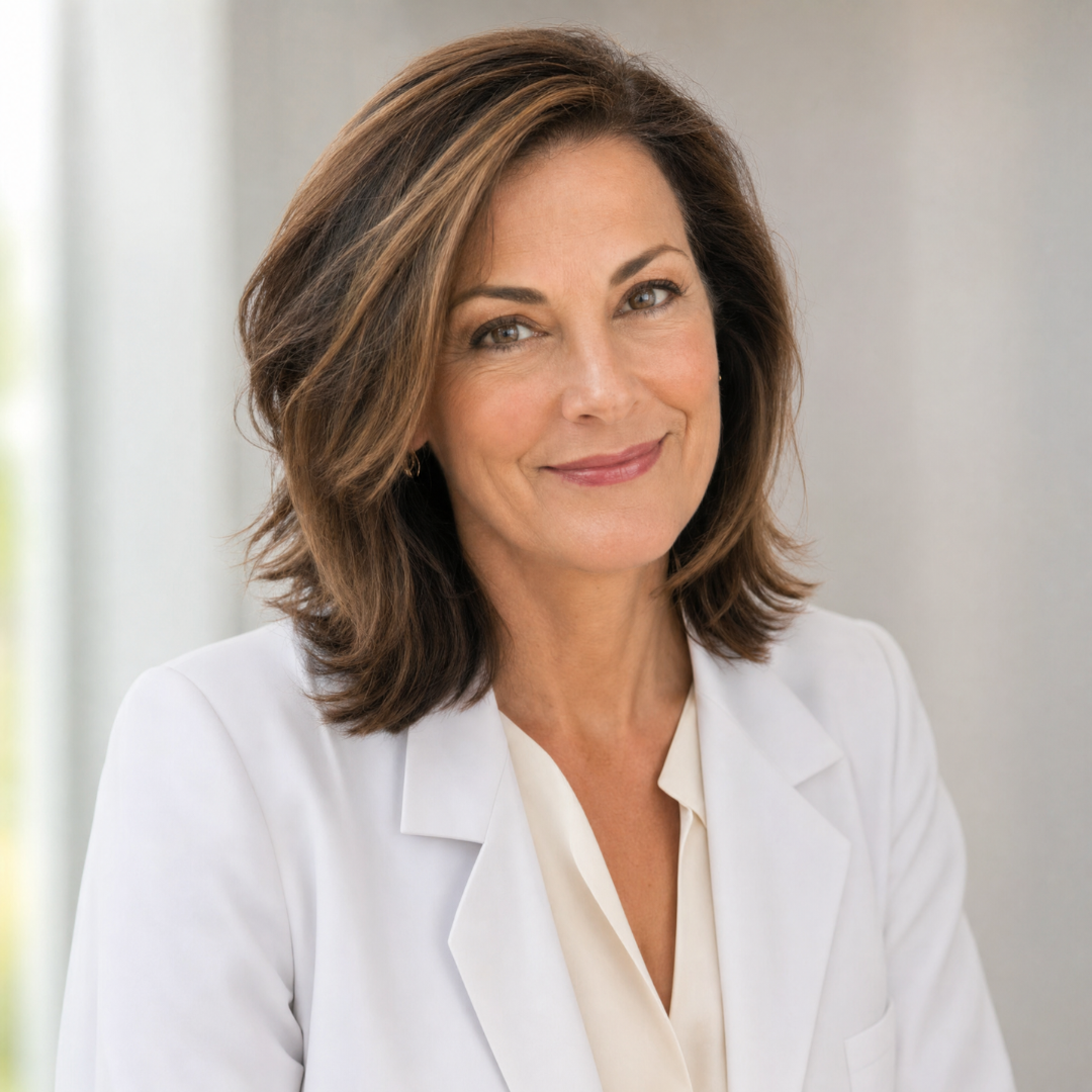 A smiling, middle-aged woman with brown hair wearing a white blazer over a light-colored blouse.