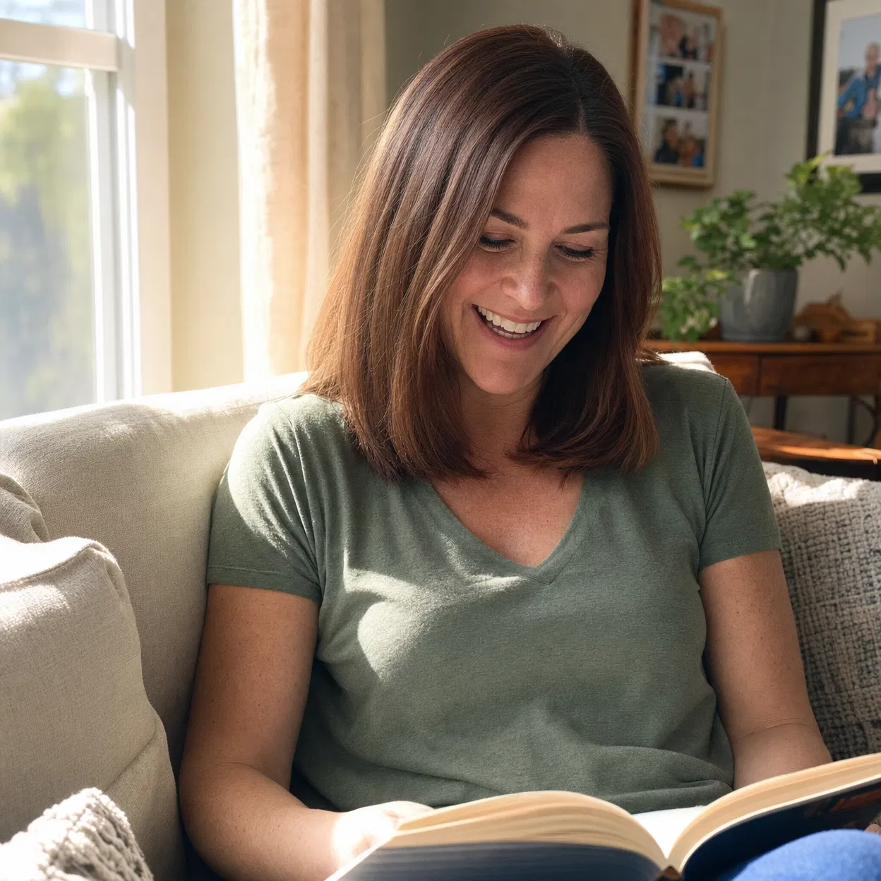 A smiling woman with brown hair sits on a couch in a sunlit room, reading a book.