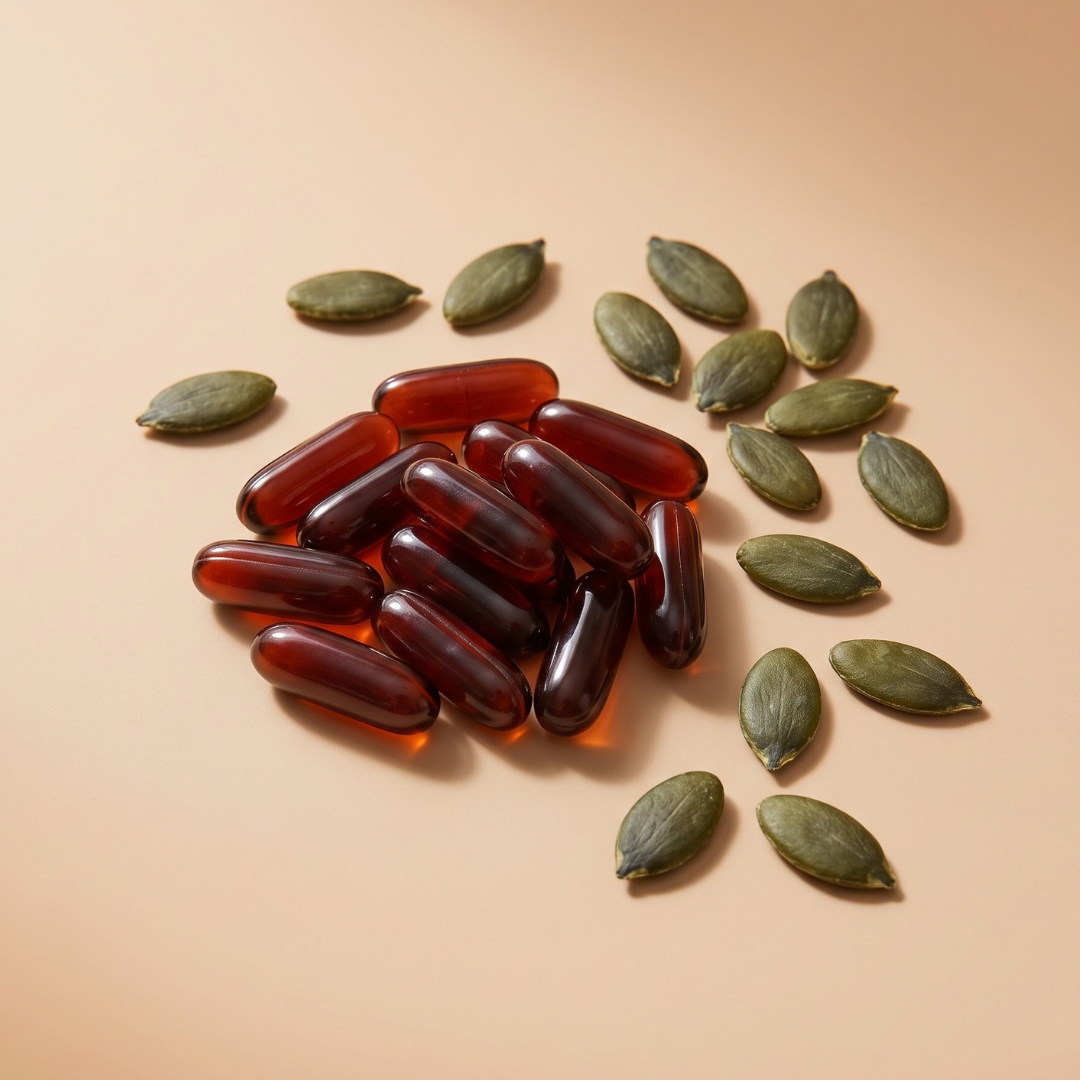 A pile of amber softgel capsules and scattered green pumpkin seeds on a light brown background.