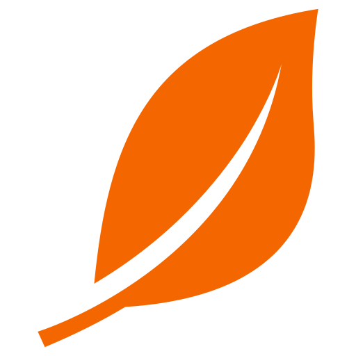 A simple, stylized graphic of a single orange leaf against a white background.