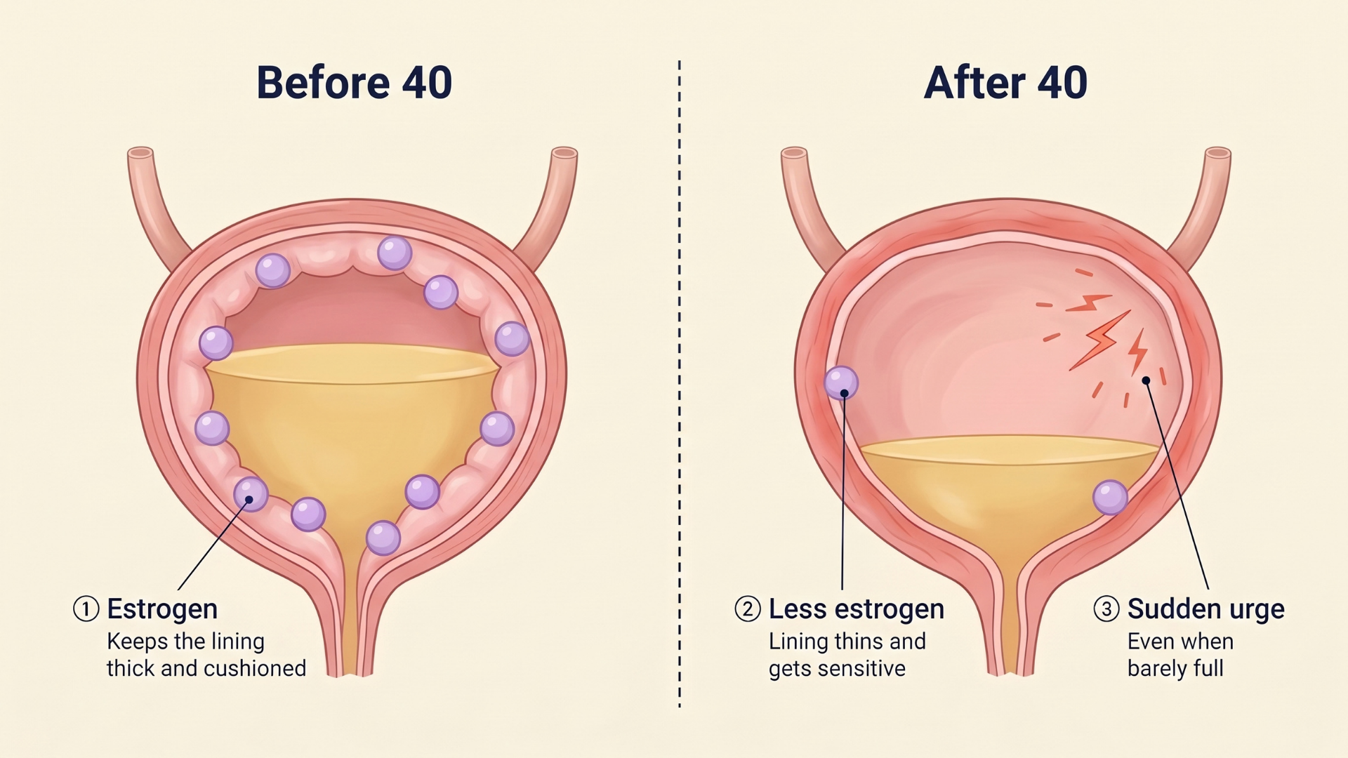 A medical diagram comparing the bladder before and after age 40, showing the effects of lower estrogen.
