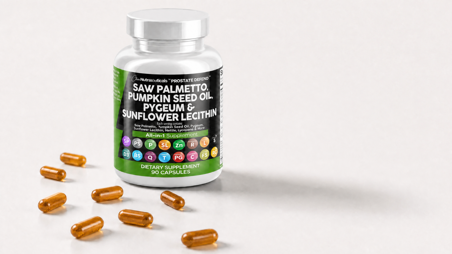 A bottle of Saw Palmetto dietary supplement with several amber-colored capsules scattered on a white surface.
