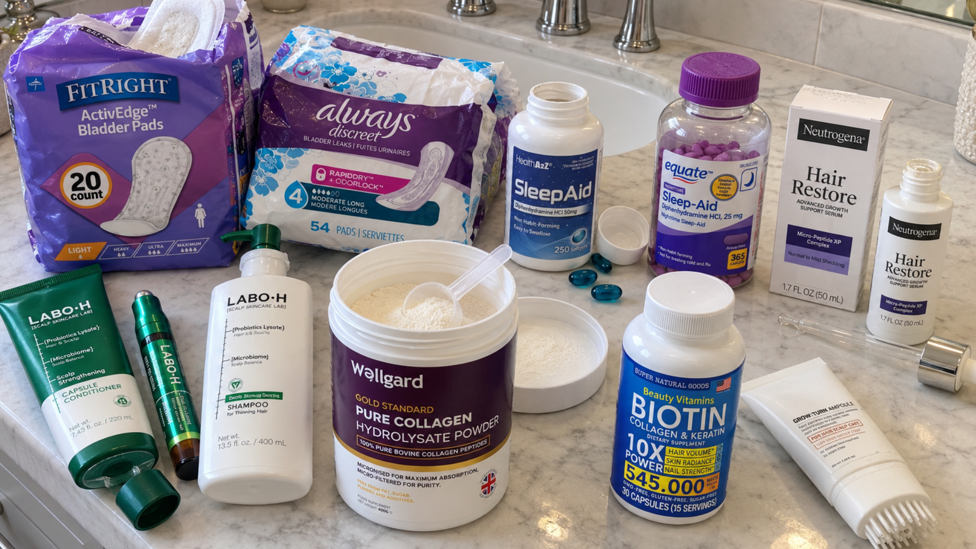 A collection of various personal care, hair, and supplement products arranged on a bathroom countertop.
