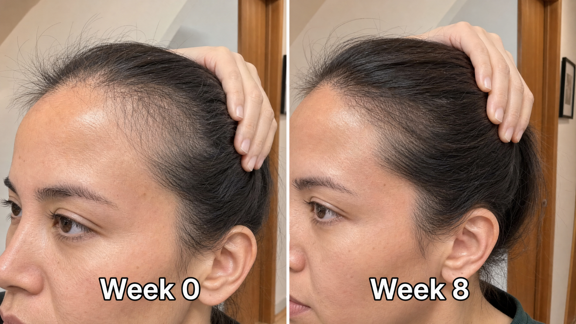 Close up of a hairline with short broken strands at week 0 next to longer, denser strands at week 8