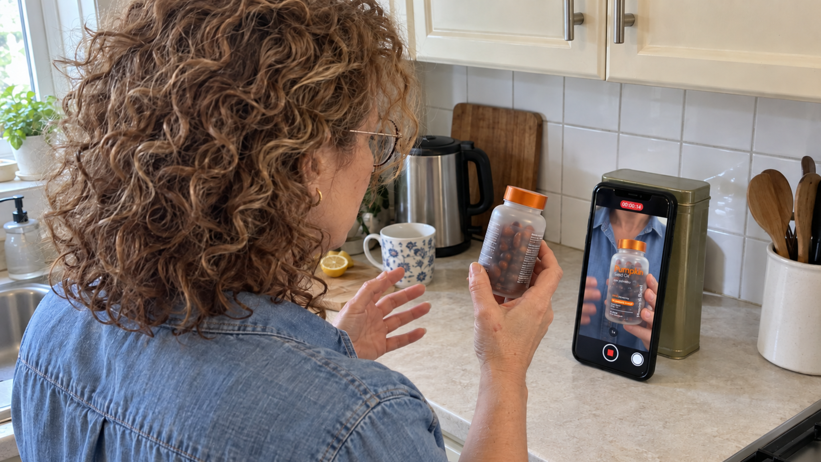 A woman in a kitchen records a video on her smartphone while holding a bottle of supplements.