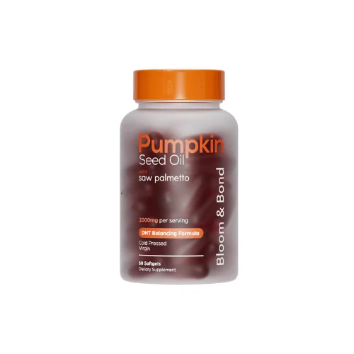 A frosted bottle of Bloom & Bond Pumpkin Seed Oil with saw palmetto softgels against a white background.