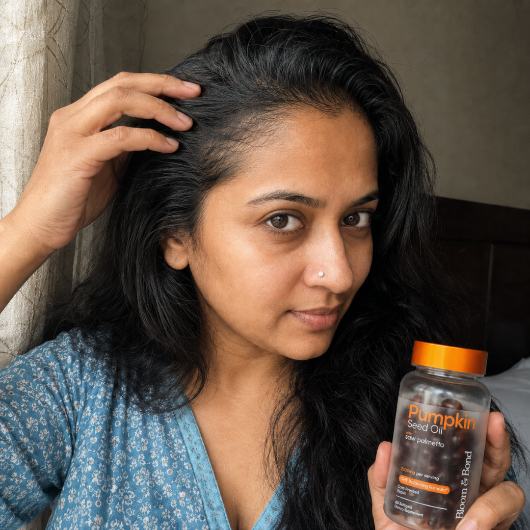 A woman with long dark hair holds a bottle of pumpkin seed oil while touching her scalp.