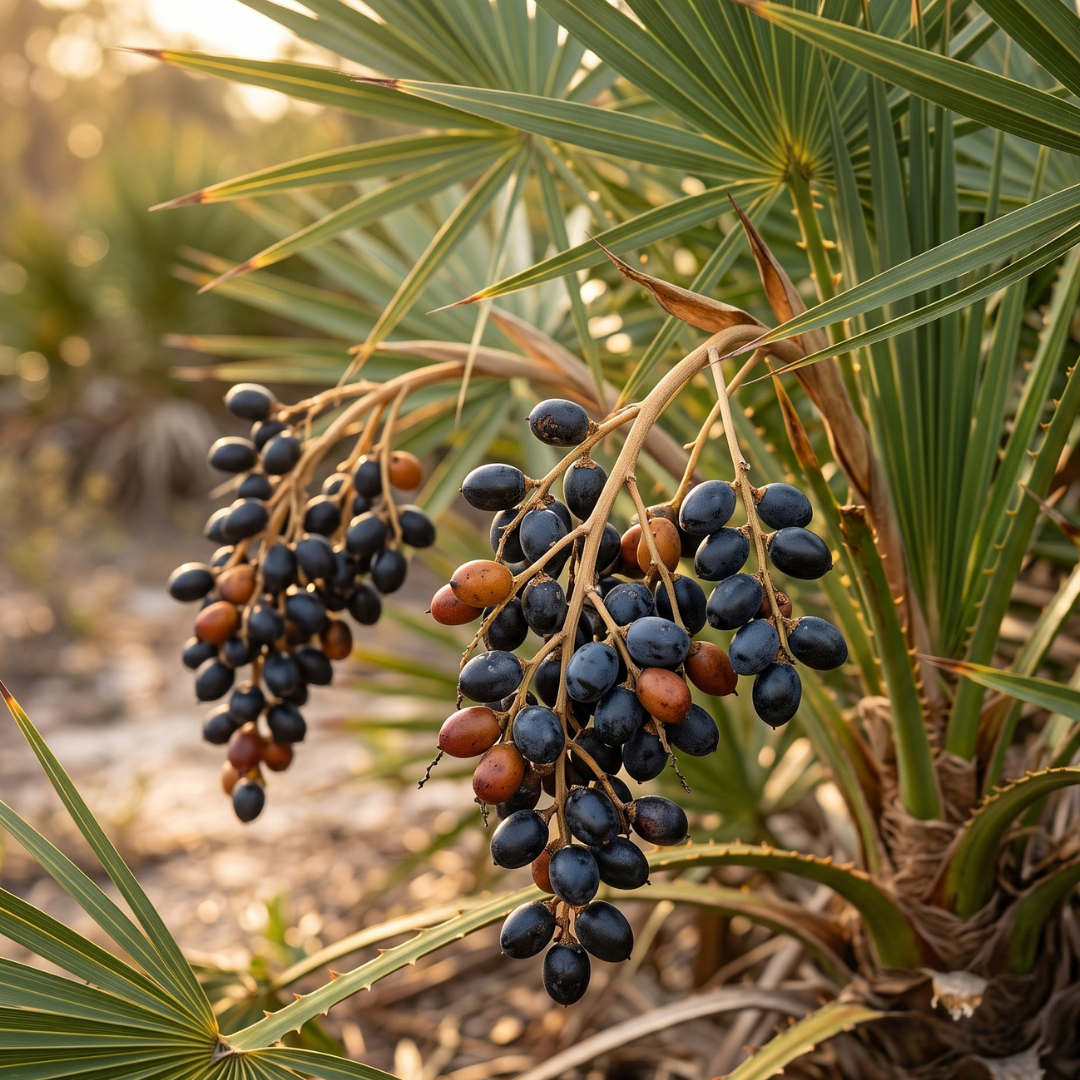 A close-up of ripe and unripe saw palmetto berries hanging in clusters on the plant.