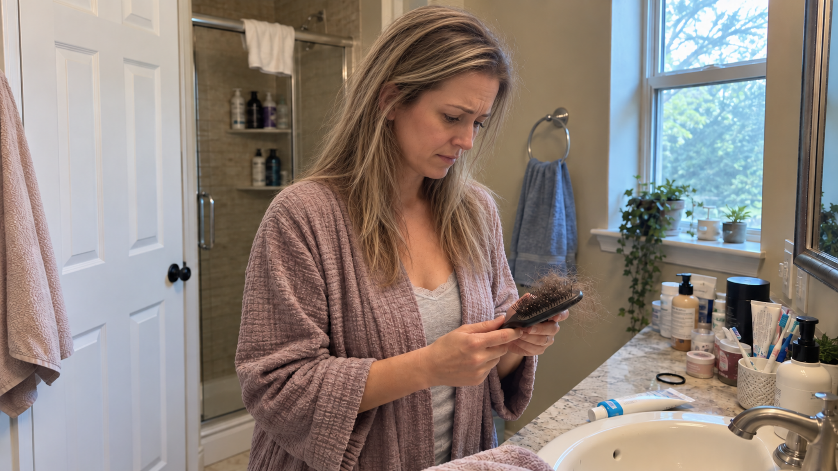 A woman in a bathroom looks with concern at a hairbrush full of hair she is holding.