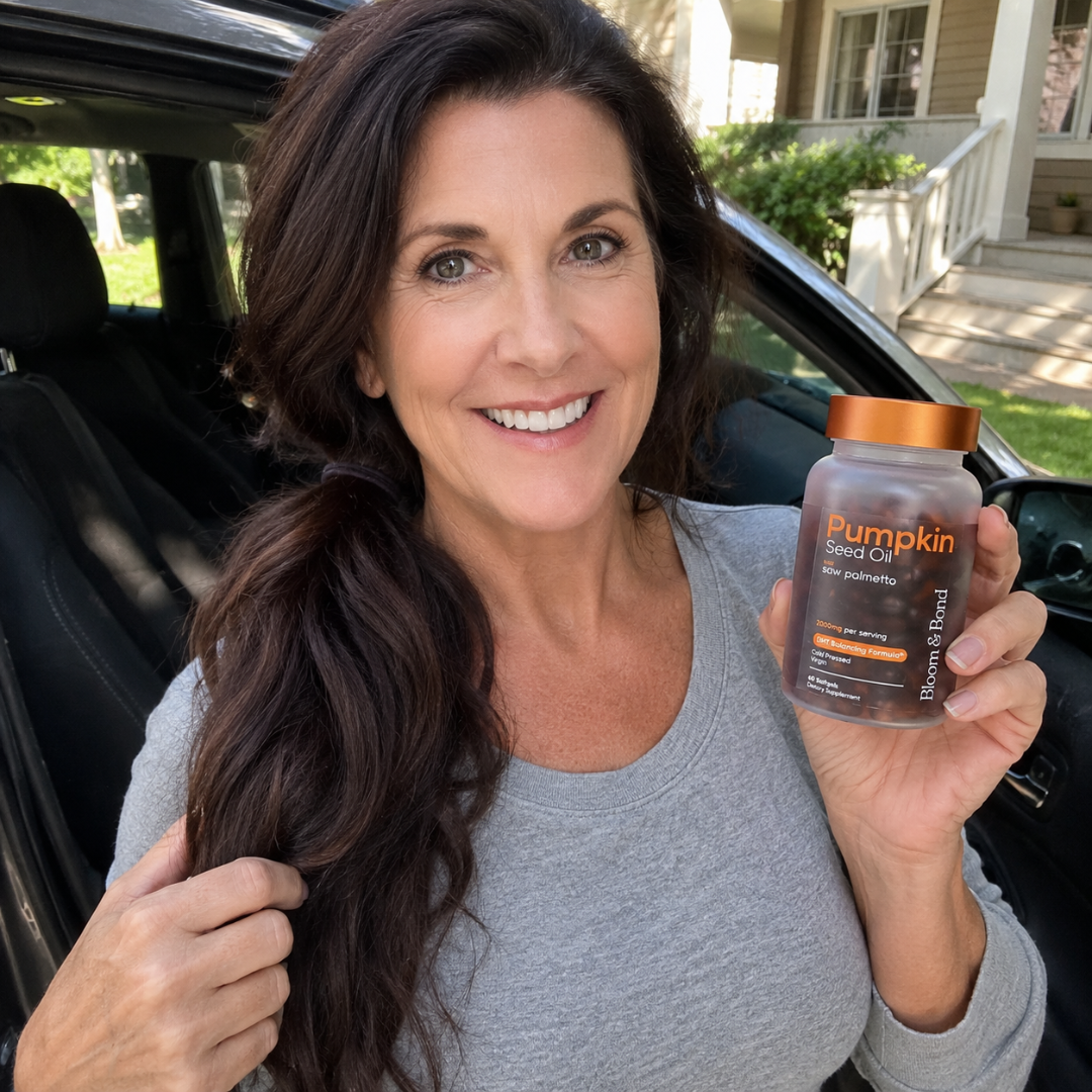 A smiling woman sits in a car, holding up a bottle of Pumpkin Seed Oil supplements.