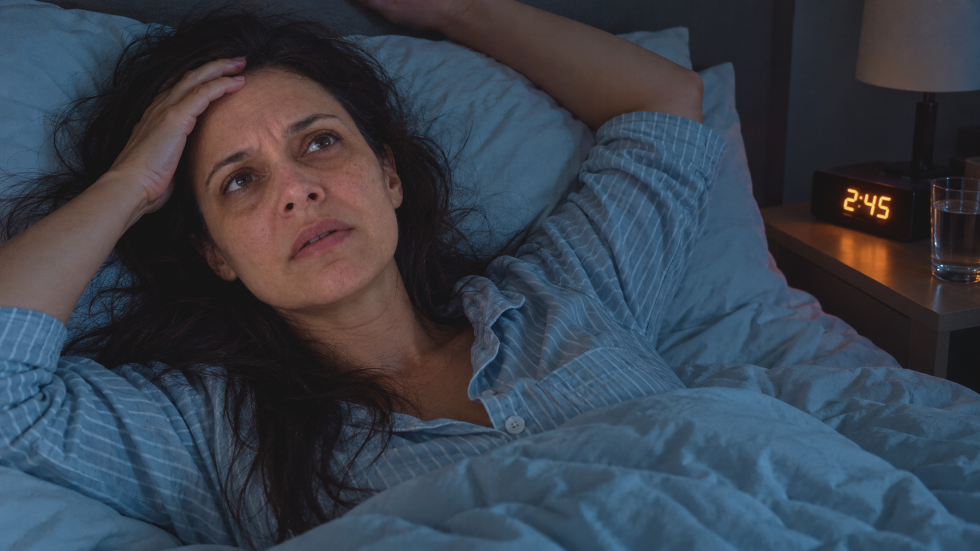 A woman lies awake in bed looking worried, with a clock on her nightstand reading 2:45.