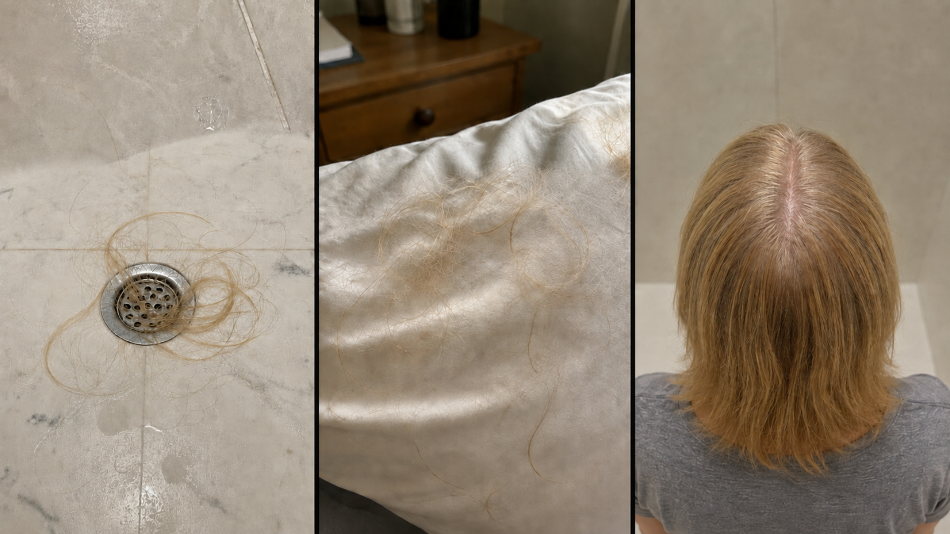 A triptych showing hair in a drain, on a pillow, and a top-down view of thinning hair on a scalp.