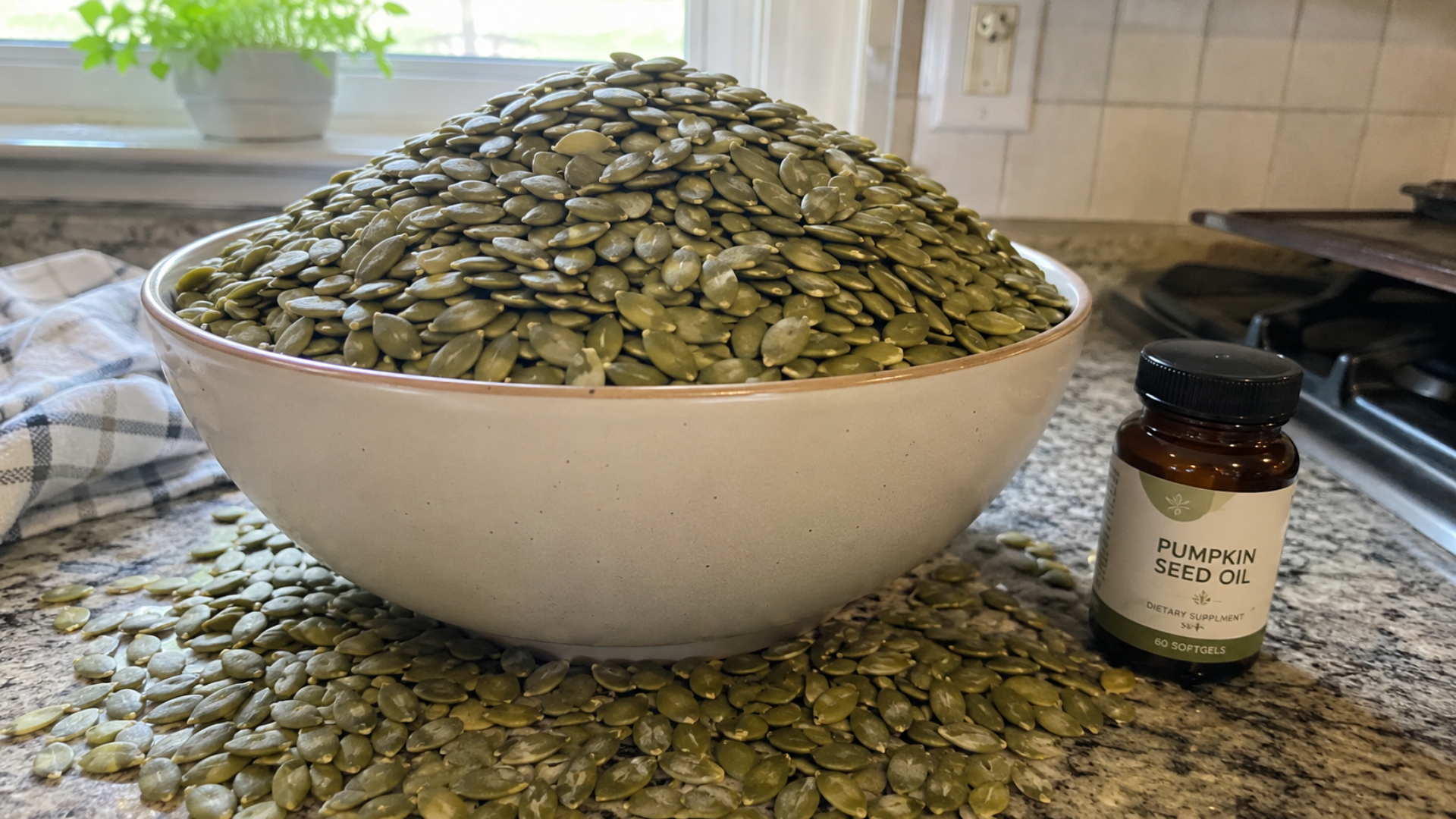 A large bowl overflowing with pumpkin seeds sits on a counter next to a bottle of pumpkin seed oil.