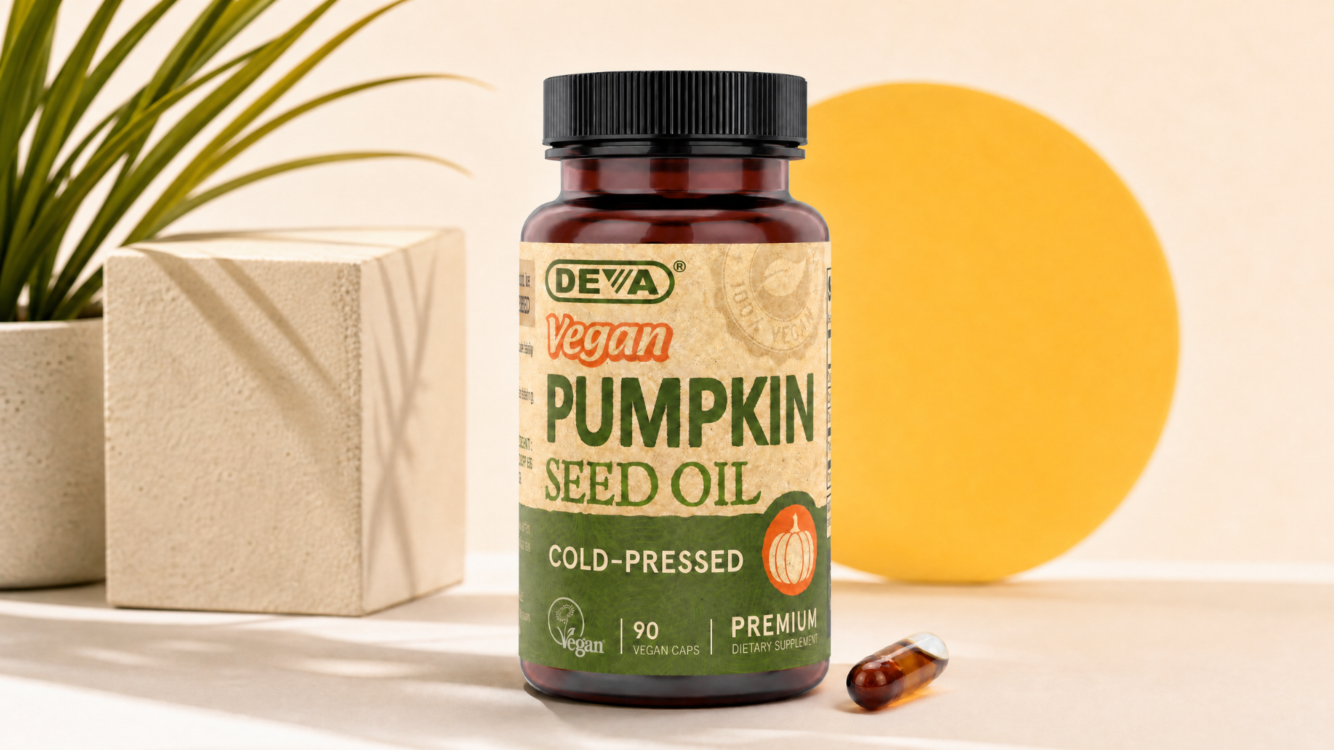 A bottle of Deva Vegan Pumpkin Seed Oil with a single capsule sitting on a stylized surface.