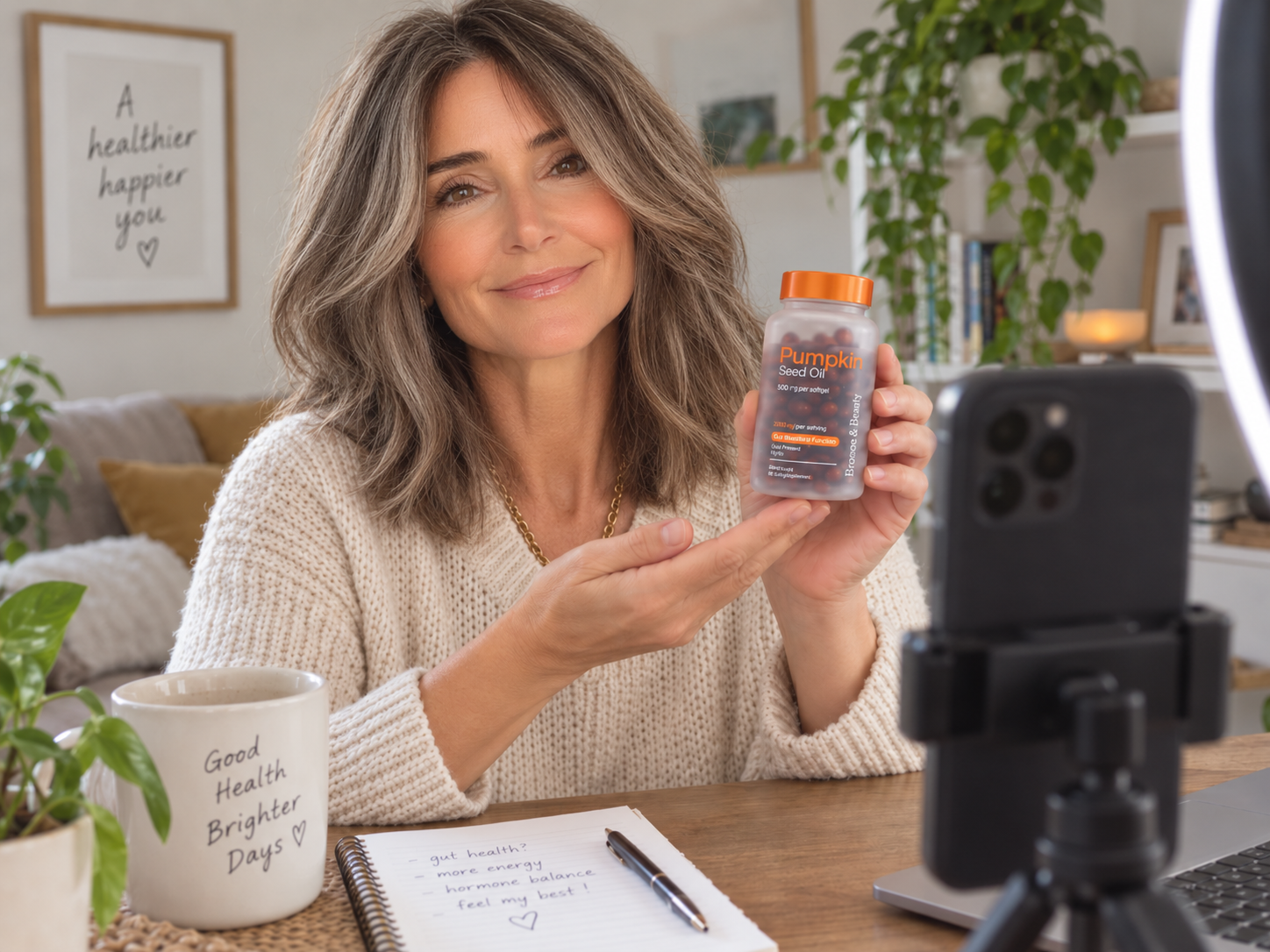 A woman in a sweater holds a bottle of pumpkin seed oil while recording a video on her phone.