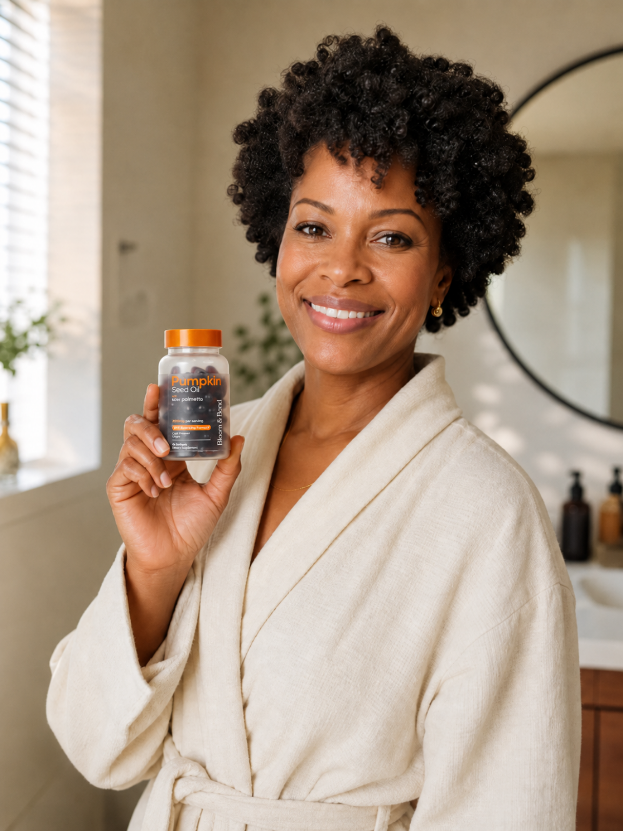 A smiling woman in a bathrobe holds a bottle of Pumpkin Seed Oil supplements in a bathroom.