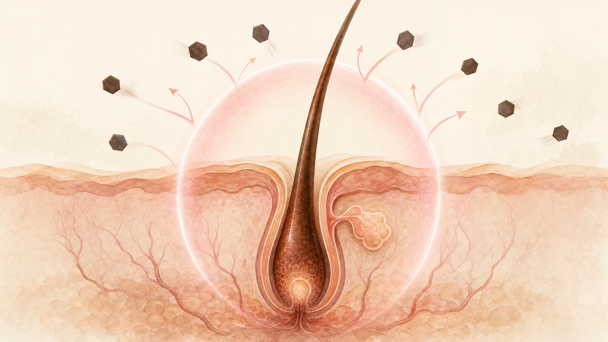 An illustration of a hair follicle in a skin cross-section, protected by a glowing barrier deflecting particles.