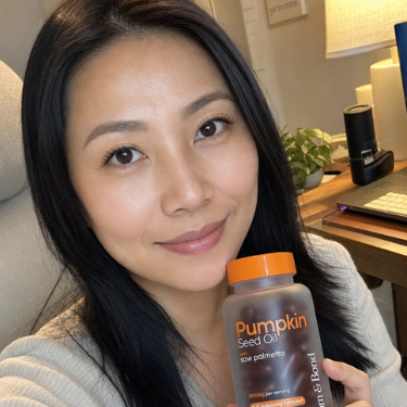 A smiling woman holds up a bottle of Pumpkin Seed Oil supplements.