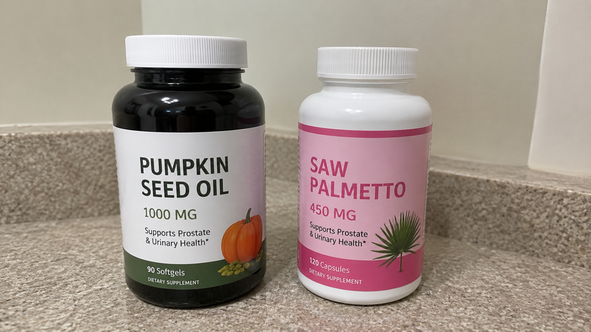 A bottle of Pumpkin Seed Oil next to a bottle of Saw Palmetto dietary supplements on a countertop.