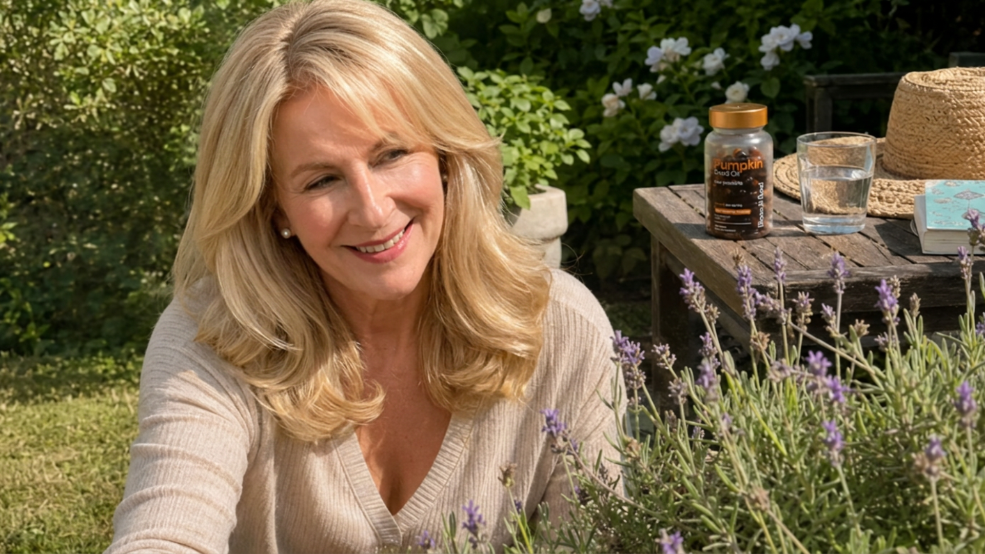 A smiling blonde woman sits in a garden near a small table with a bottle of pumpkin seed oil.