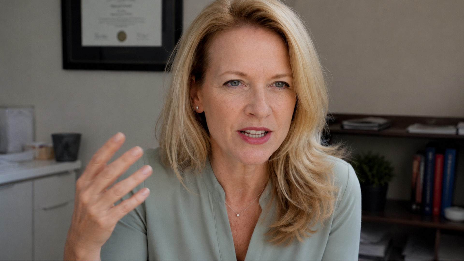 A blonde woman in a grey blouse gestures while speaking directly to the camera in an office setting.