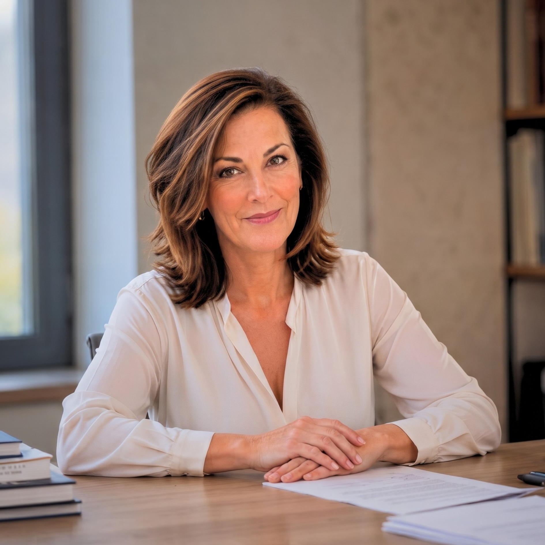 A professional woman in a white blouse sits at a wooden desk, smiling slightly at the camera.