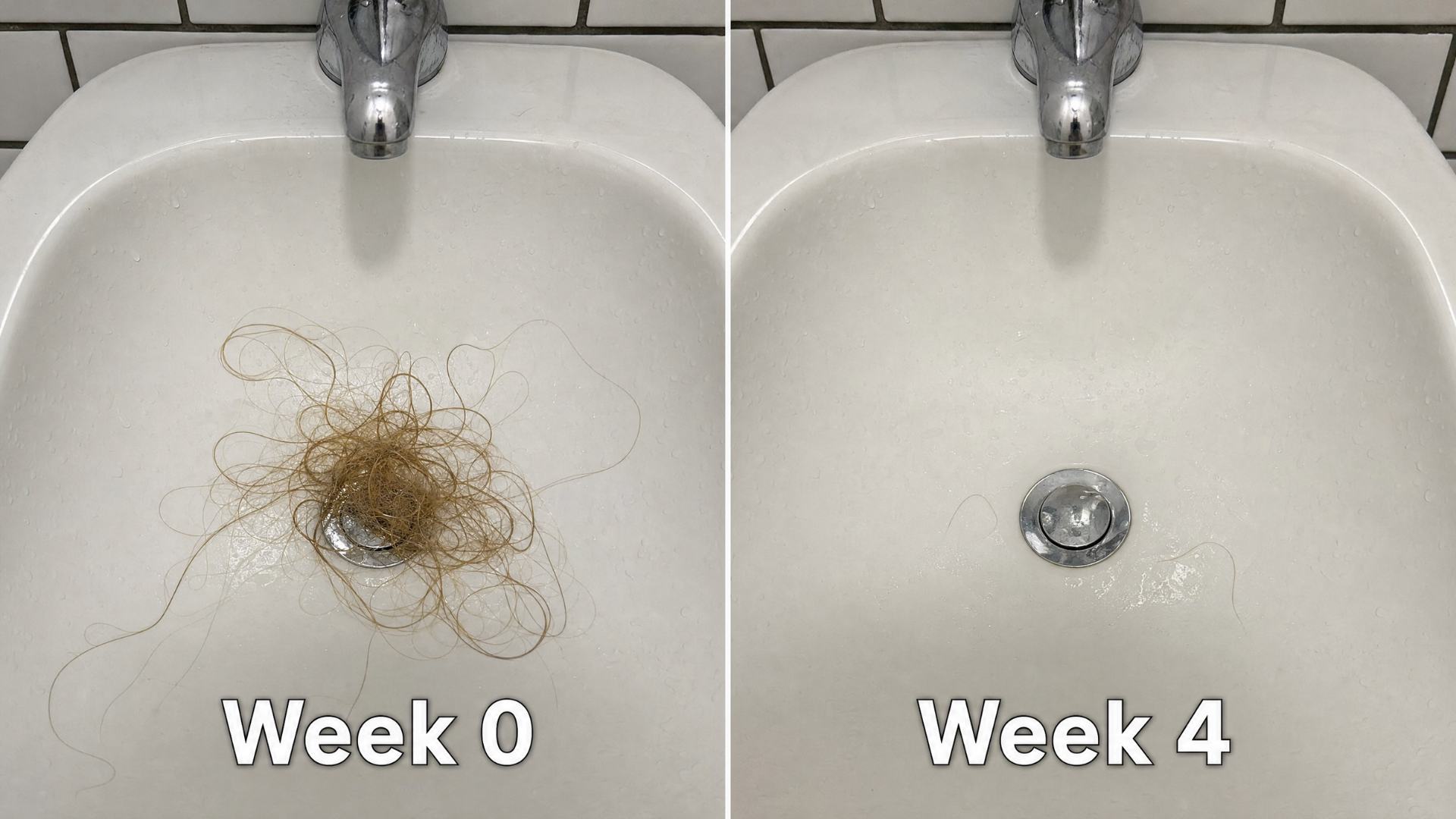 Bathroom sink full of shed hair at week 0 next to a nearly clear sink at week 4