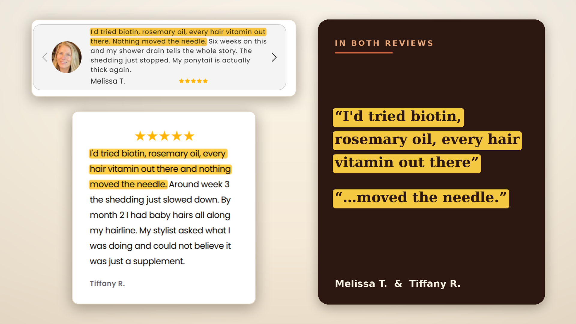 A graphic comparing two positive customer reviews, highlighting similar text from both.