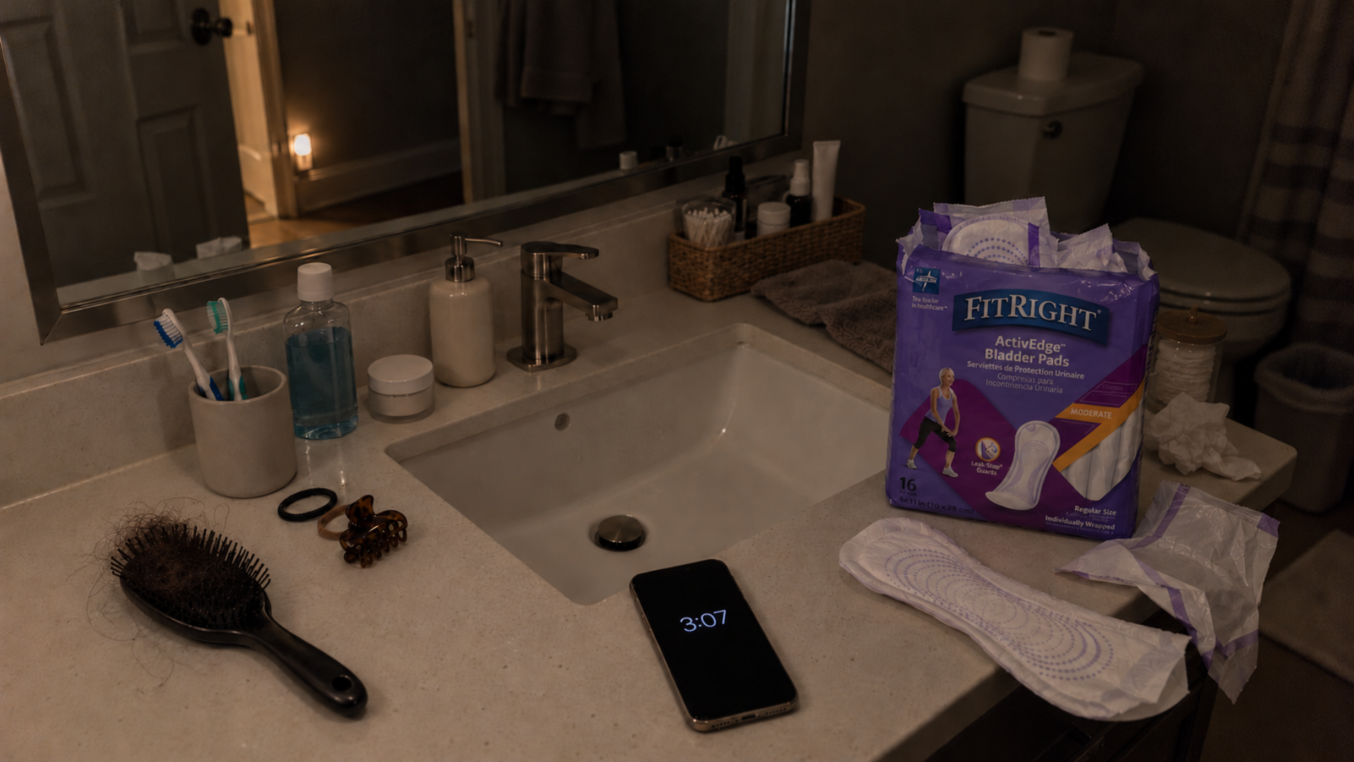 A dimly lit bathroom counter at 3:07 AM with a phone, a hairbrush, and bladder pads.