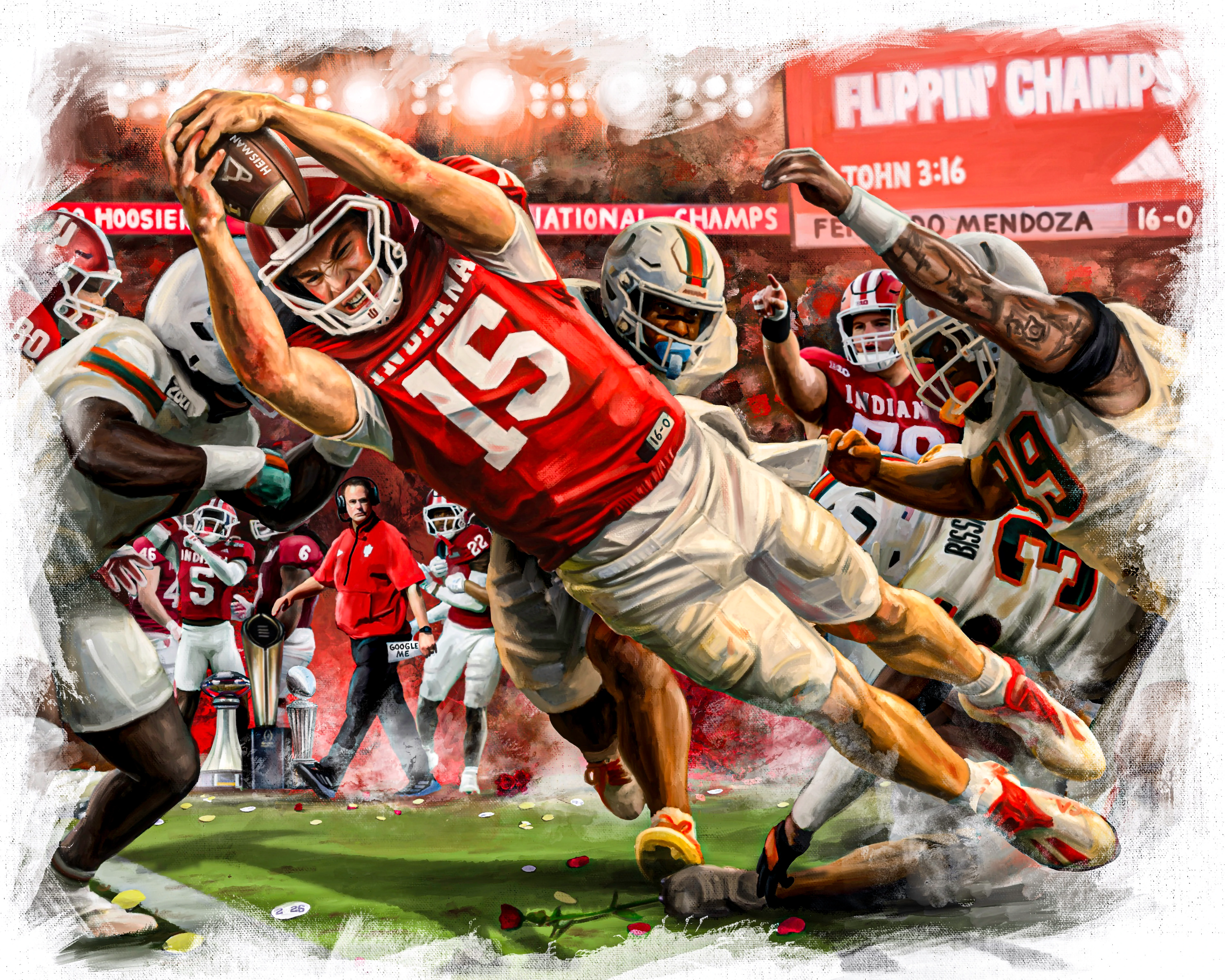 A painting of an Indiana football player in a red jersey making a diving catch during a game.