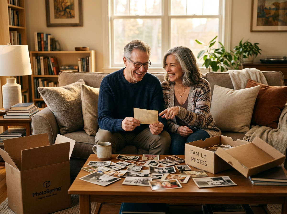 An older couple sits on a couch, smiling and looking through old family photos spread on a coffee table.
