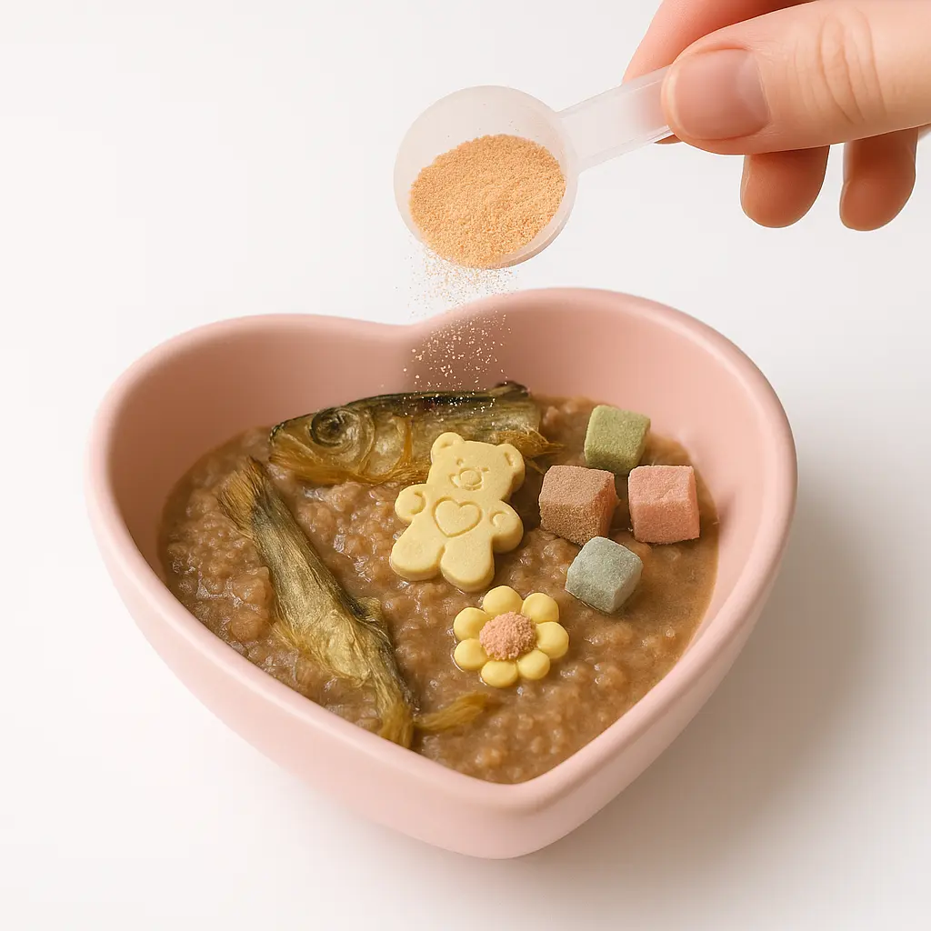 Heart-shaped bowl with porridge, fish, bear-shaped candy, and colorful cubes.