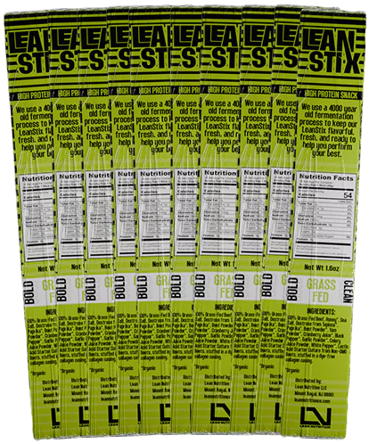Multiple Lean Stix snack packages with nutrition facts and product details.