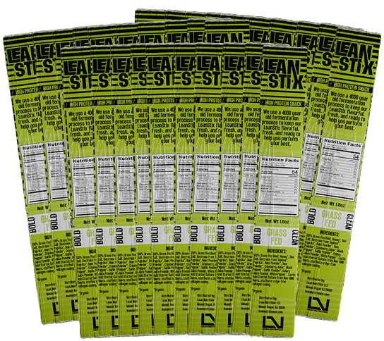 Multiple Lean Stix snack packages arranged in a fan shape.