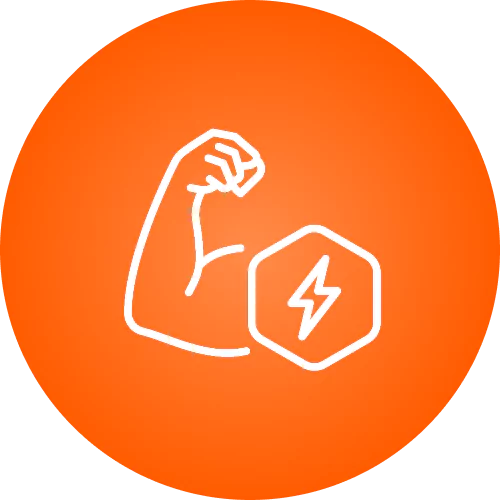 An illustration of a flexed arm and lightning bolt on an orange background.