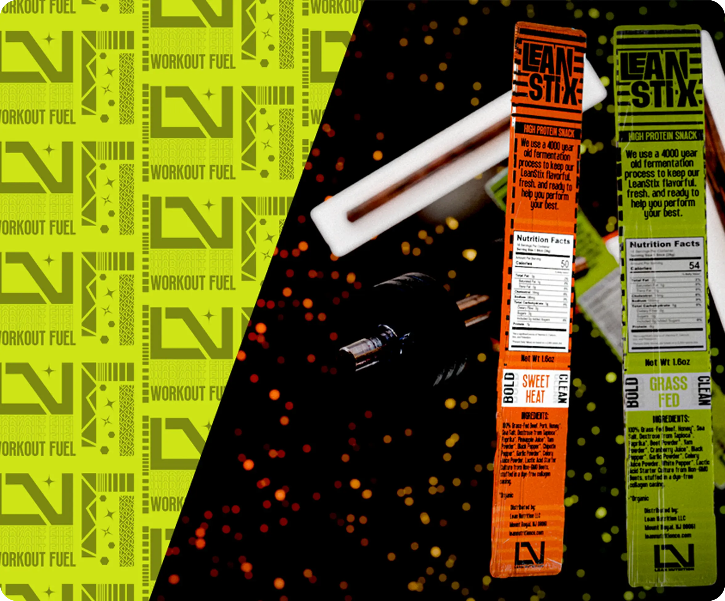 Workout snacks and nutrition labels with a dumbbell on a dynamic, colorful background.