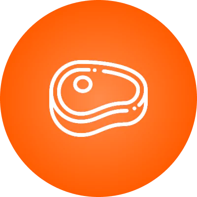 Outline of a steak on an orange circular background.