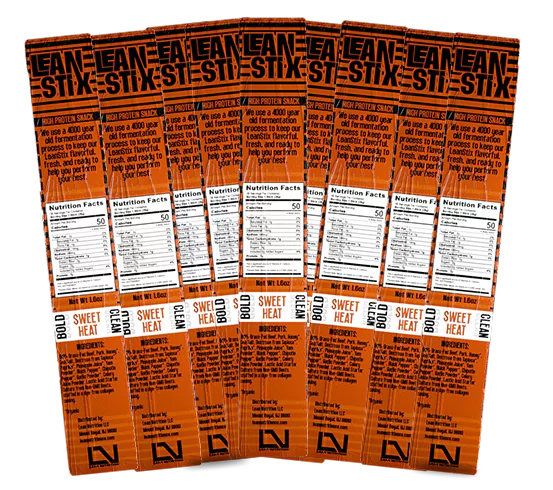 Several orange snack packaging labeled 'Lean Stix' with nutrition facts visible.