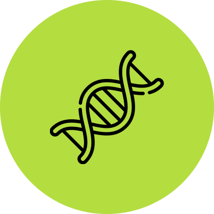 DNA double helix icon on a green circular background.