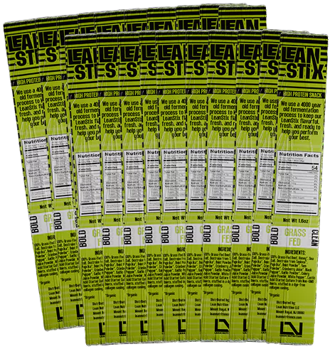 Multiple yellow Lean Stix snack packages arranged in a fan shape.