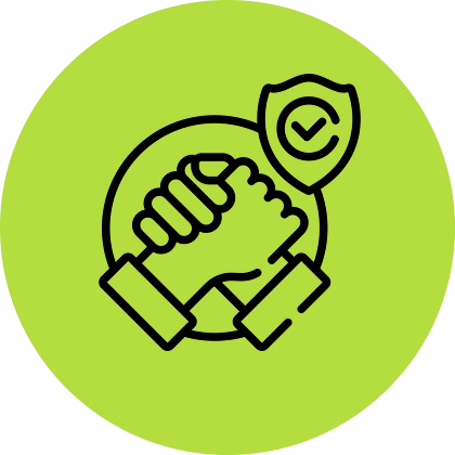 Handshake with shield icon on green circle background.