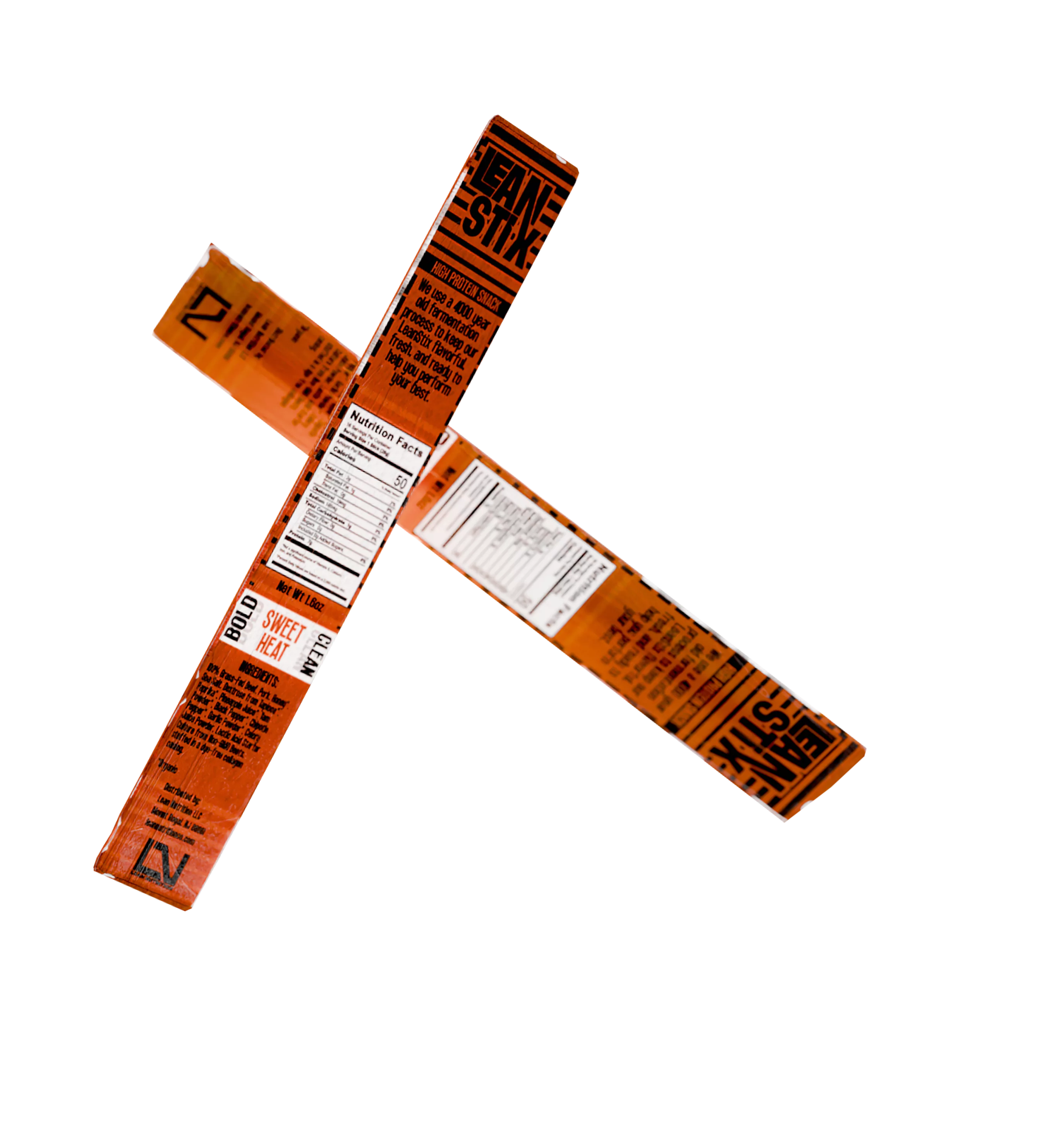 Two intersecting orange snack stick wrappers with nutritional information.