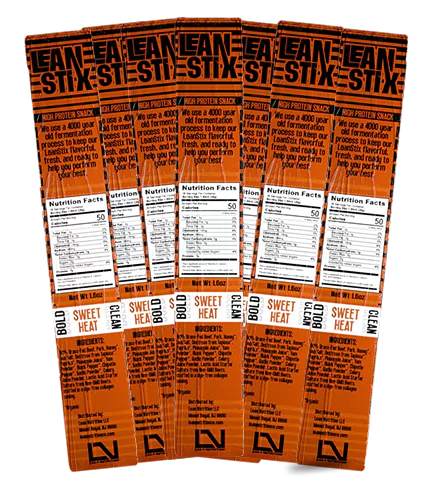 Five orange Lean Stix snack packages with nutrition facts visible.