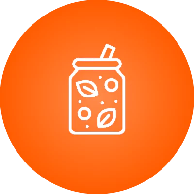 A white line drawing of a jar with leaves on an orange background.