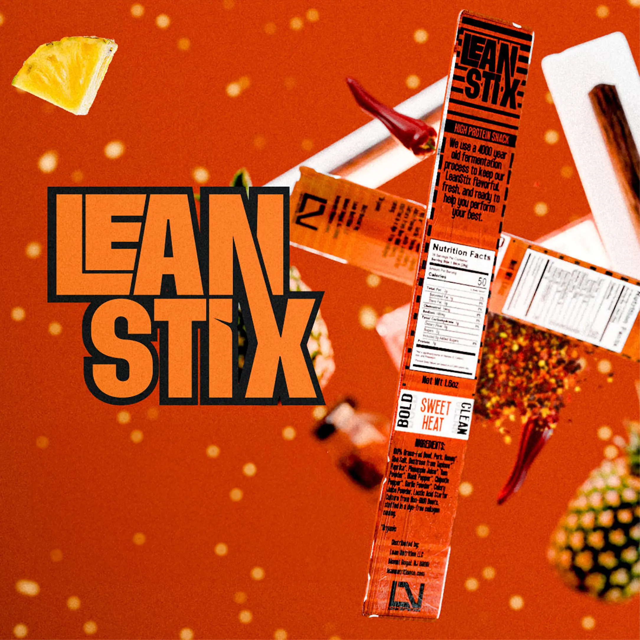 Lean Stix packaging with floating ingredients on an orange background.