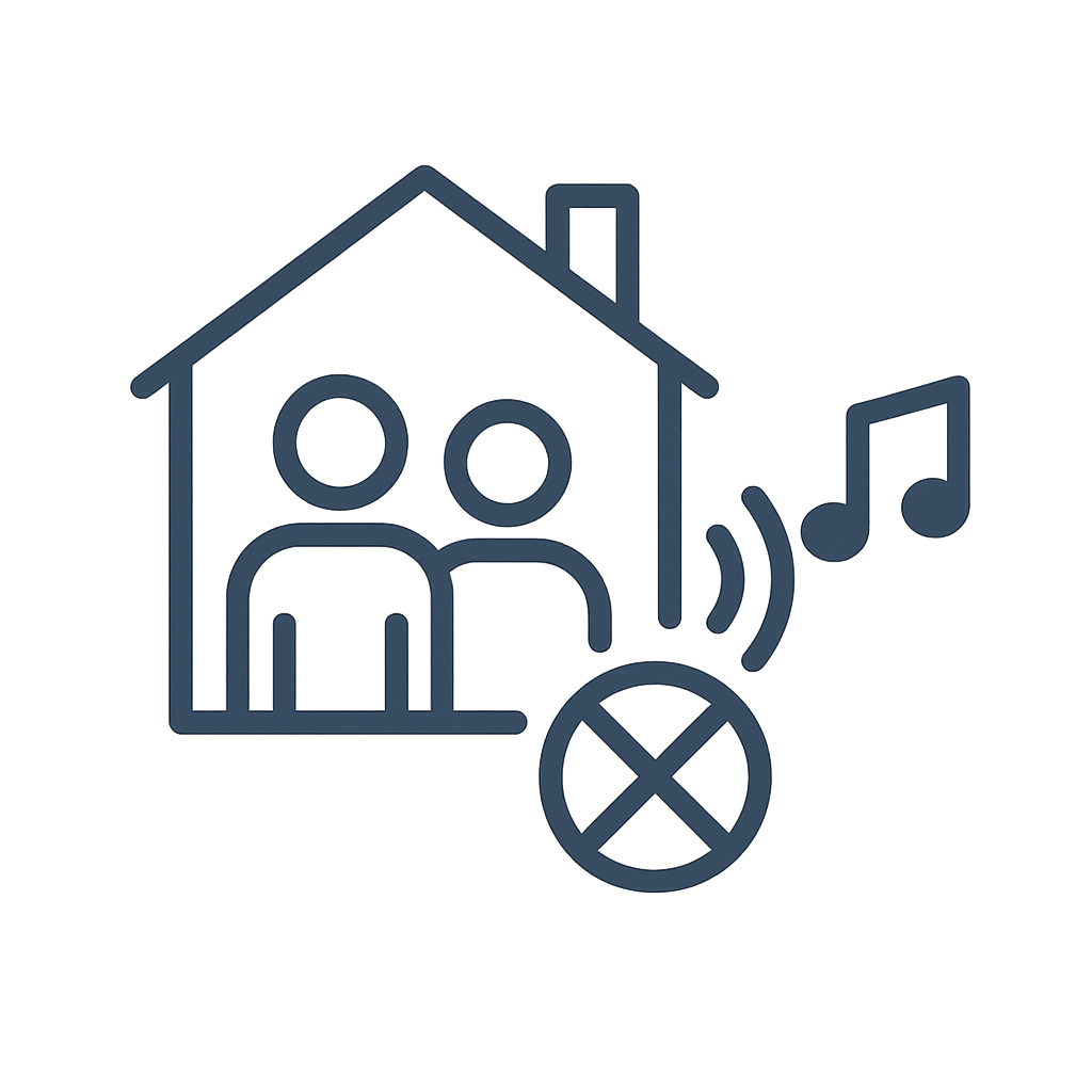 Icon of a house with people, music notes, and a no sound symbol.