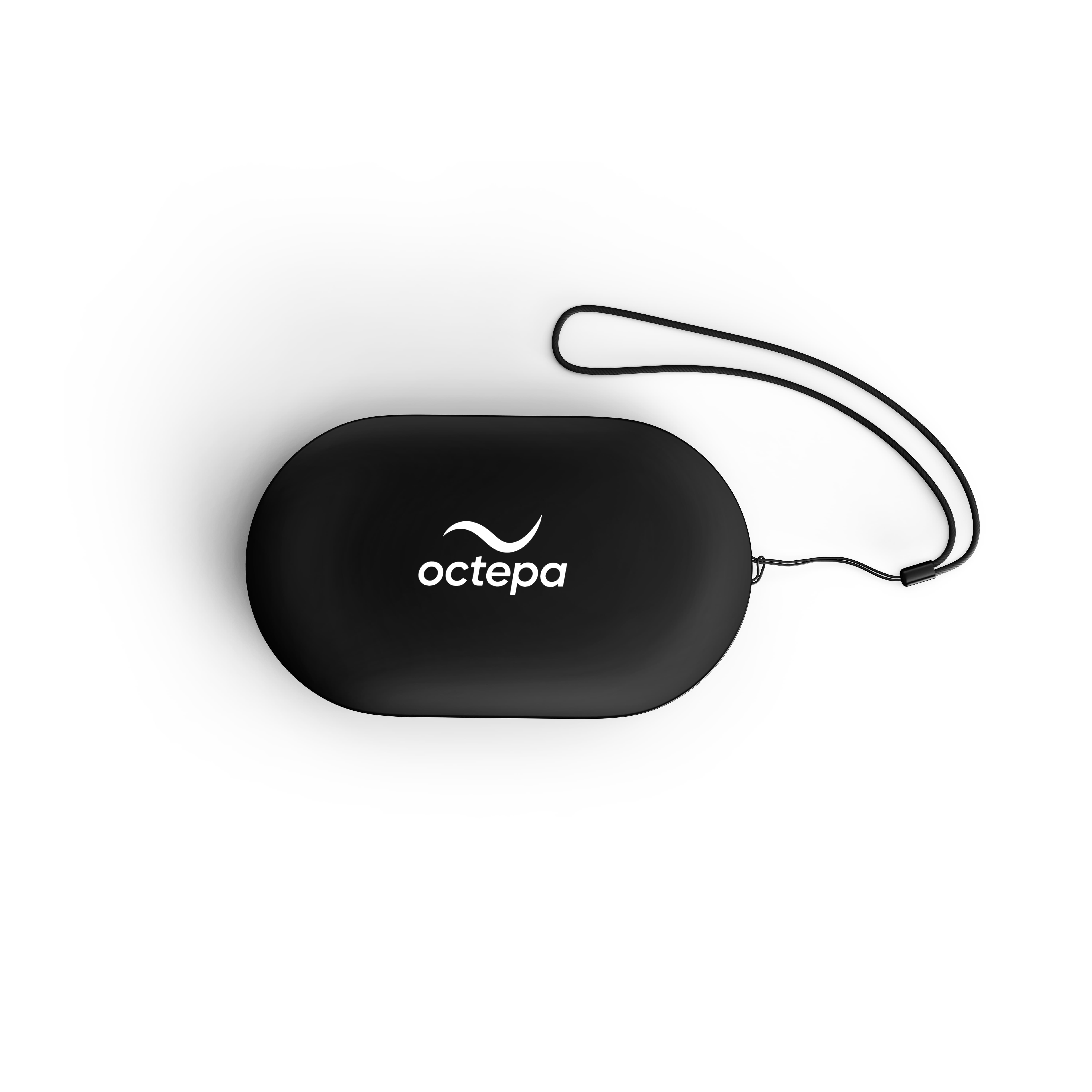 Black oval case with 'octepa' logo and wrist strap on white background.