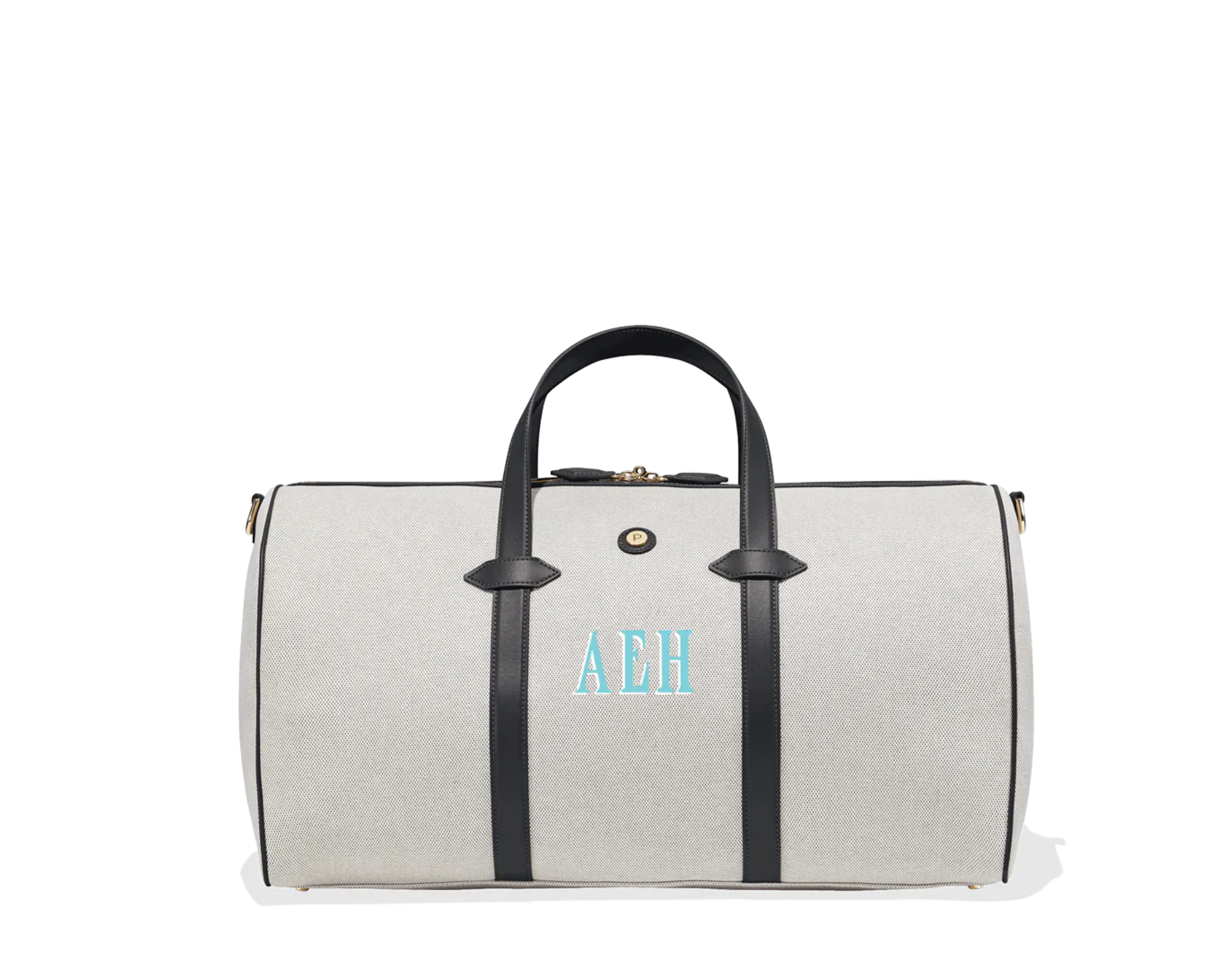 Beige duffel bag with black handles and 'AEH' monogram.