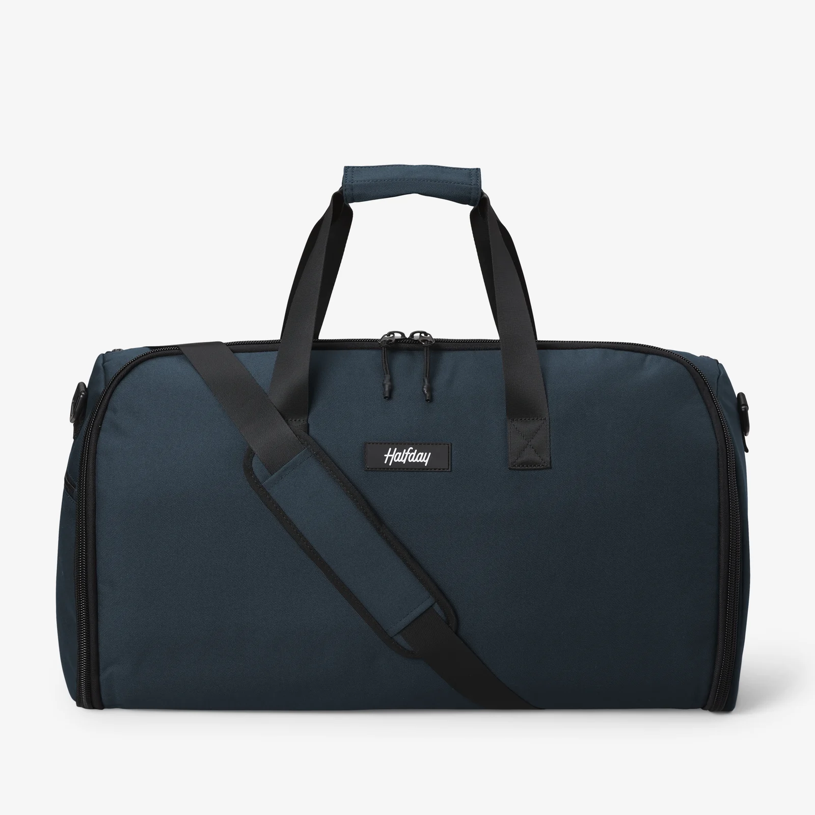 Dark blue duffel bag with black handles and shoulder strap.