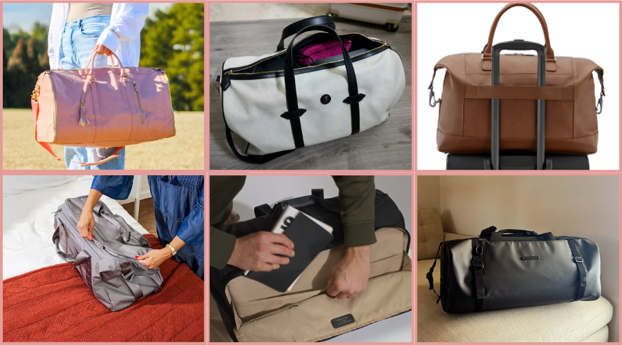 Collage of various duffel bags in different settings and colors.
